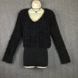 Monster V-Neck Fuzzy Crop Top Sweater Black Sz S-XL